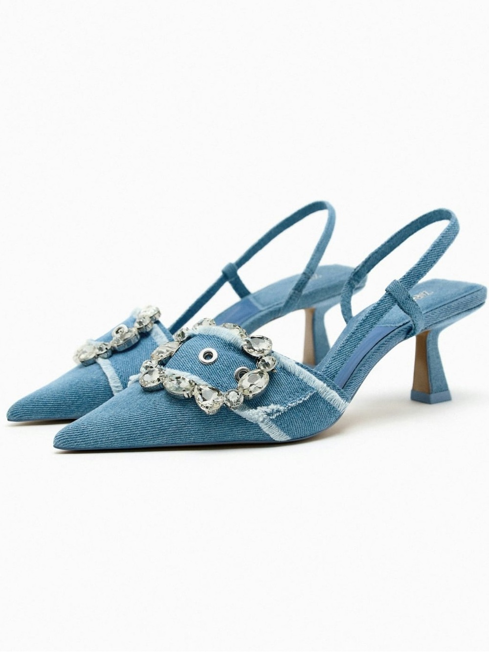 Zara Light Blue Denim Slingback Low Kitten Heels with Crystal Buckle